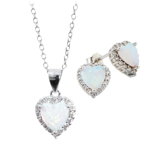 Diamond Muse Heart Shaped Opal & Sterling Silver 2-Piece Set