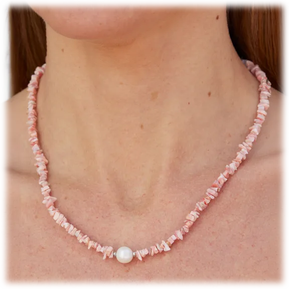 Savvy Cie Sterling Silver Pink Opal Chips And Freshwater Cultured Pearl Necklace
