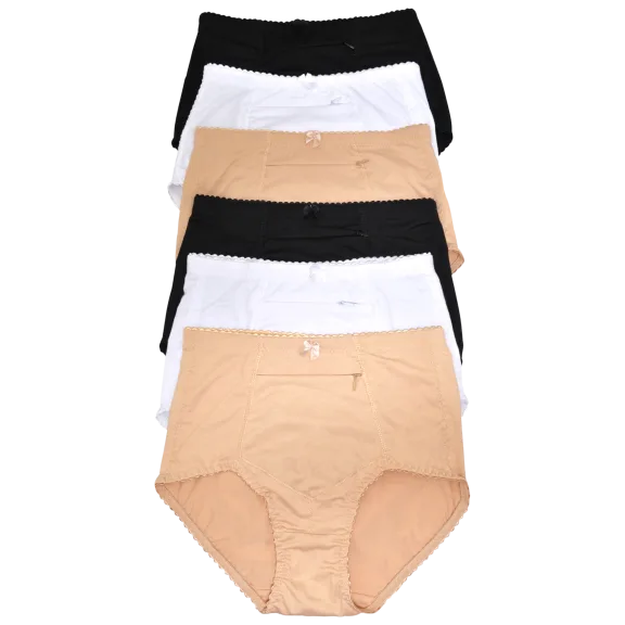 6-Pack: Angelina Cotton High Waist Briefs with Flower Zippered Pocket