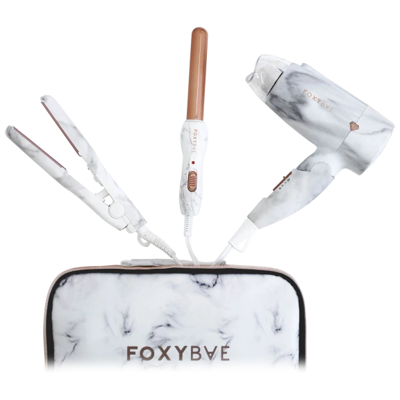 Foxybae Marble Mini Blow Dryer, Flat Iron and Curling Wand Travel Kit with Case