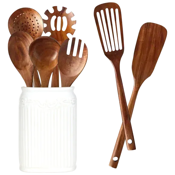 Cheer Collection 7-Piece Wooden Spatula Set With Ceramic Crock