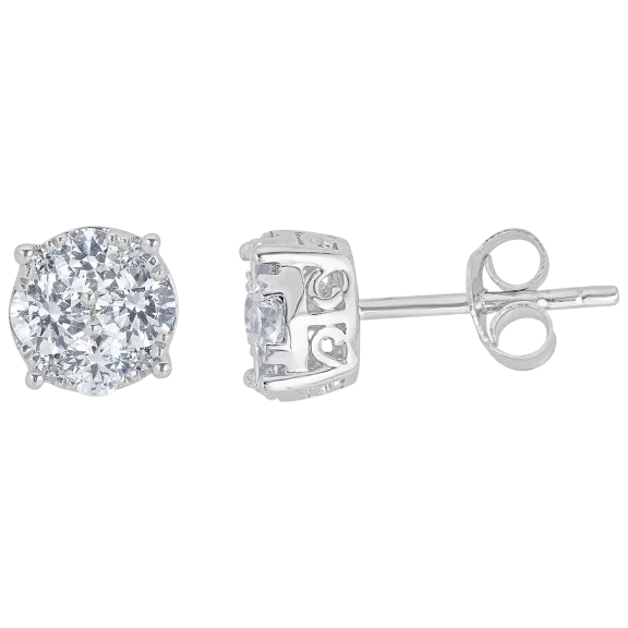 Fifth and Fine Sterling Silver Diamond Cluster Earrings Set in Sterling Silv