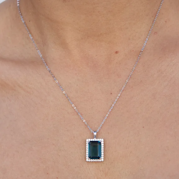 Savvy Cie Emerald Cut London Blue Cubic Zirconia Halo Necklace