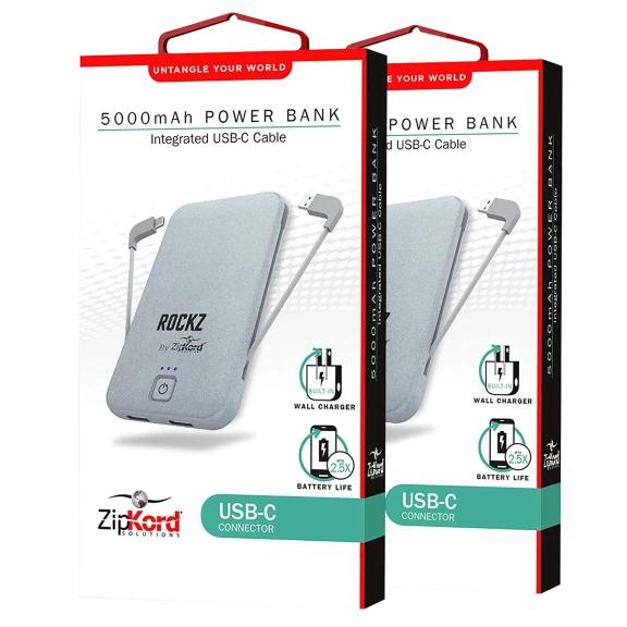 2-Pack:ZipKord Rockz 5000 mAh Power Banks with Folding Plugs & USB-C/Wall Plugs