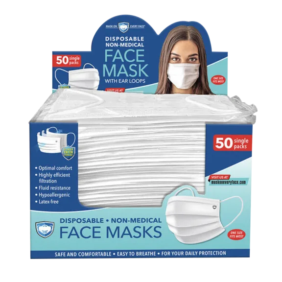 50-Pack: Mask on Every Face Individually Wrapped Disposable 3-Ply Face Masks