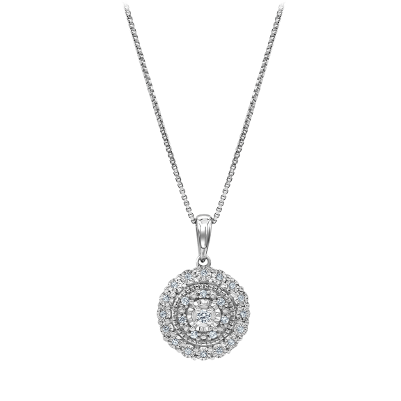Diamond Muse 1/10 Carat TW Round Double Halo Genuine Diamond Pendant Necklace