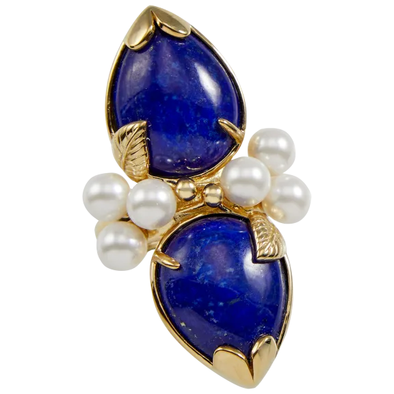 Savvy Cie 18k Gold Sterling Silver Genuine Lapiz Lazuli & Cultured Pearl Ring