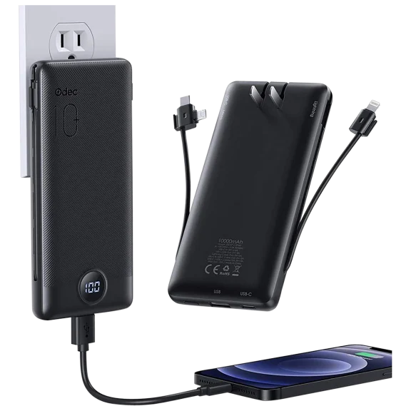 Odec 10000mAh Power Bank with Wall Plug & Integrated Cables