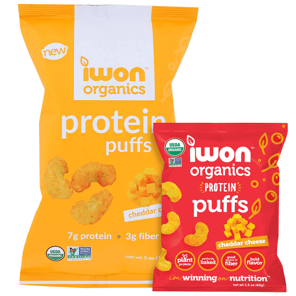 12- or 24-Pack: Iwon Organics Protein Cheddar Puffs