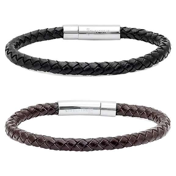 Steeltime Set of 2 Men's Genuine Leather Braided Bracelets