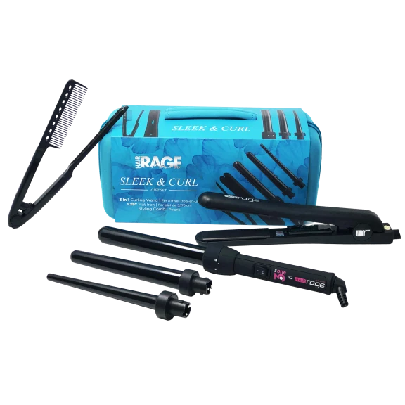 Hair Rage Sleek & Curl Gift Set with Flat Iron, 3-in-1 Curling Wand, Comb & Case