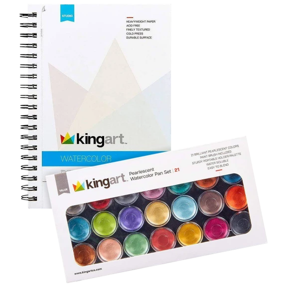 KingArt Pearlescent Watercolor Paints with 7" x 10" Watercolor Paper Pad