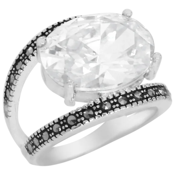 Sterling Silver Plated Bold Marcasite with 8 Carat Cubic Zirconia Ring