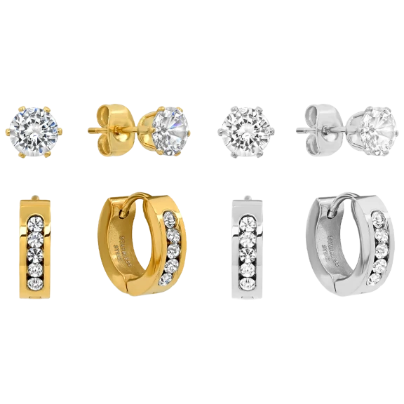 Steeltime Men's Round Simulated Diamond Studs & Huggie Hoop Earrings