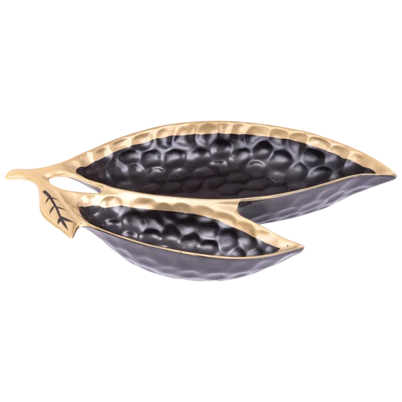 Classic Touch Black Porcelain Leaf Relish Dish with Gold Rim