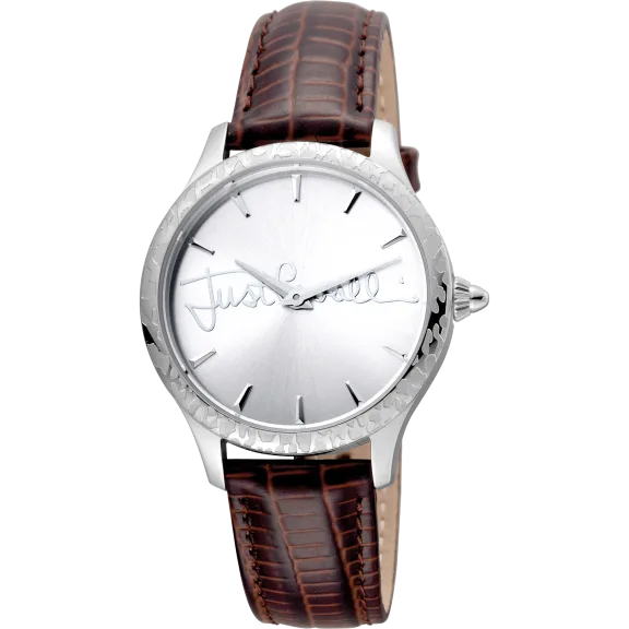 Just Cavalli Women's Logo Plisse Silver Dial Calfskin Leather Watch