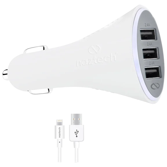 Naztech Turbo T3 7.2A 3-Port Car Charger with Lightning Cable