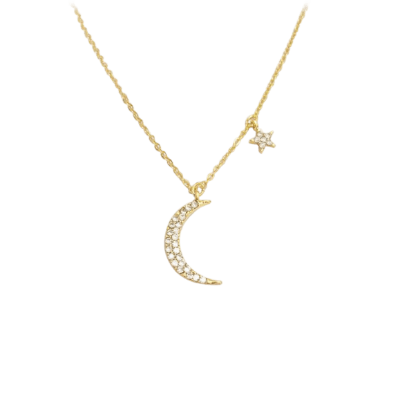 Crescent Moon and Star Necklace Gold Plated w/ Cubic Zirconia