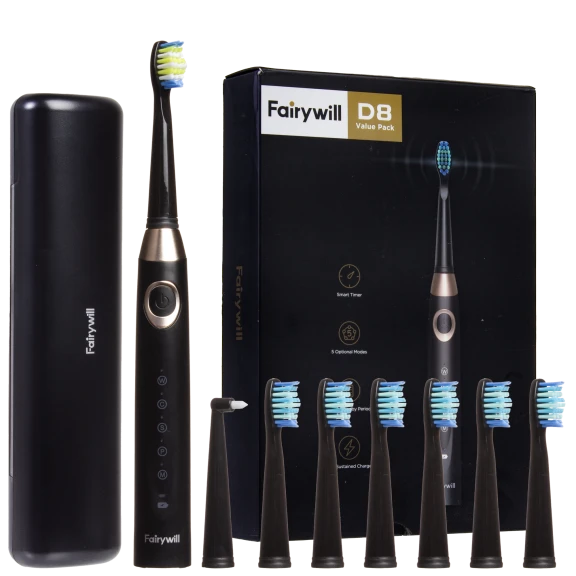 Fairywill D8 Daily Sonic Toothbrush Value Pack with 8 Heads & Travel Case