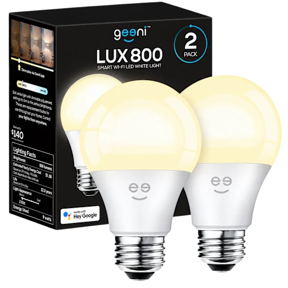 2-Pack: Geeni LUX 800 Smart Wi-Fi LED White A19 Lightbulbs