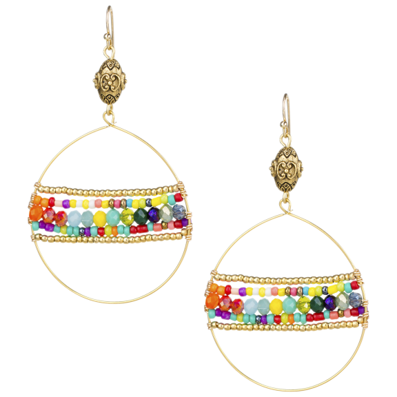 Rainbow Beaded Open Circle Earrings