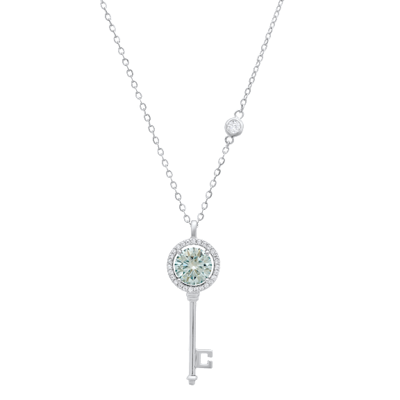Saffron 1.0 Carat TW Turquoise Moissanite Key Pendant Sterling Silver Necklace