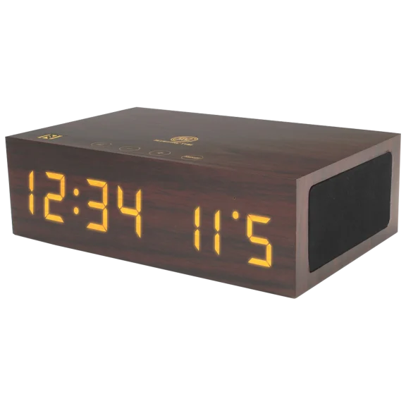 GoGroove TYM Wooden Digital LED Clock with Wireless Speaker and Device Charging