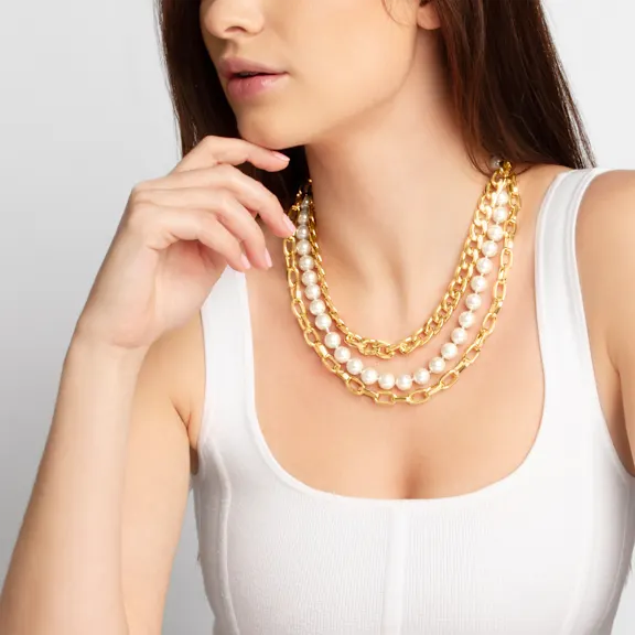 Martha Stewart Three Strand Pearl and Chain Gold Necklace