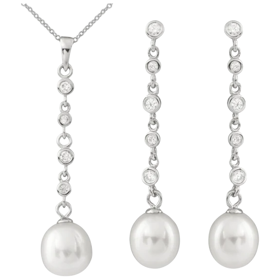 Splendid Pearls Sterling Silver Pearl Drop Pendant Necklace & Earring Set