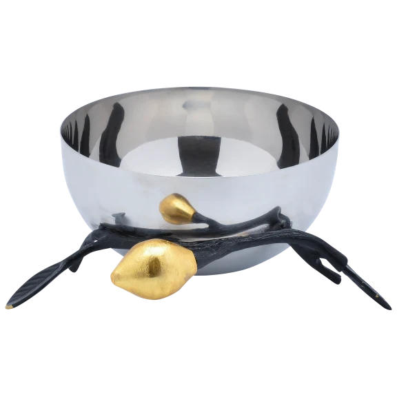 Cheer Collection Shiny Polished Stainless Steel Decorative Bowl on Olive Branch