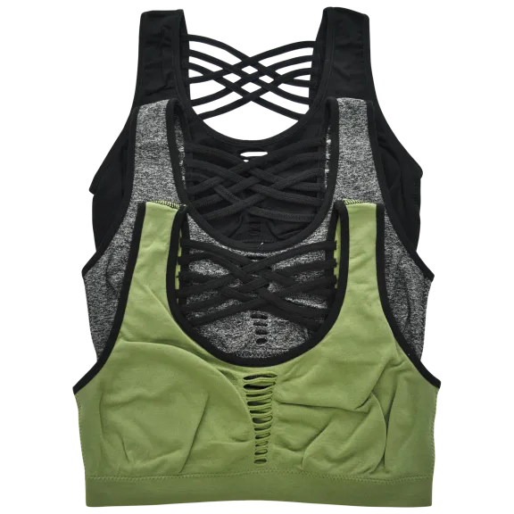 3-Pack: Angelina Seamless Wire-free Sports Bra with Strappy Back