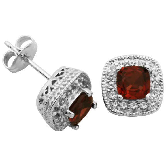 Morgan & Paige Silver Genuine Garnet Halo Set Earrings with a Coin Edge Setting