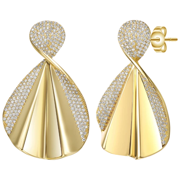 Genevive CZ Large Dangle Earrings in 14K Gold Plated Finish