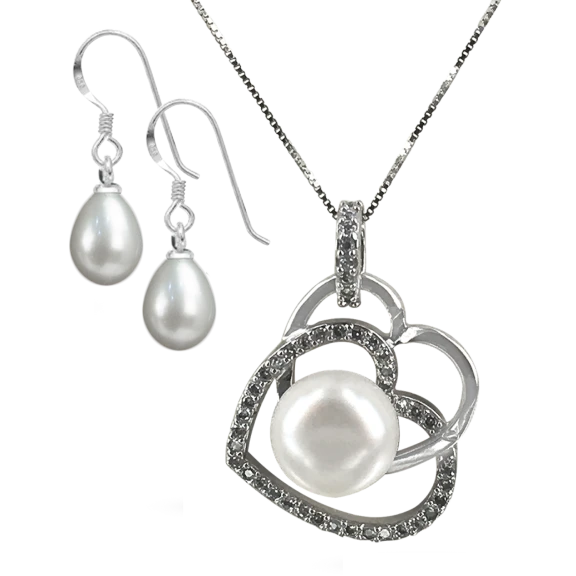 Diamond Encrusted Eternal Heart-Shaped Pearl Pendant And/Or Earrings