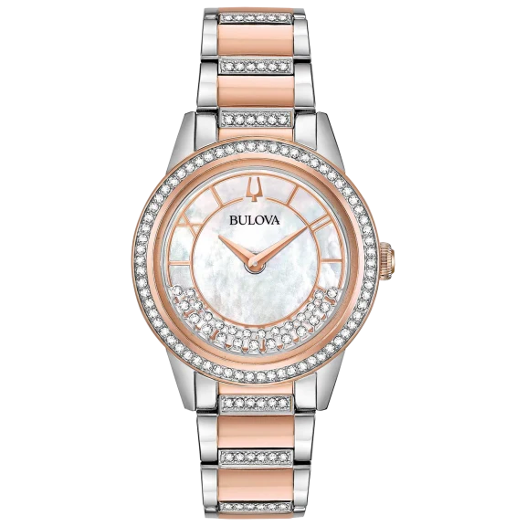Bulova Quartz TurnStyle Two-Tone Crystal Ladies Watch in Stainless Steel
