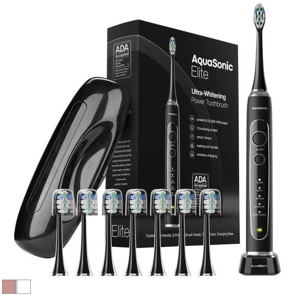 AquaSonic Elite Ultra Whitening Rechargeable Toothbrush Set with 8 Brush Heads