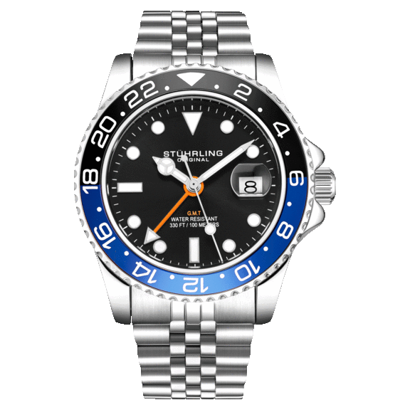Stührling Men's Diver Silver Bracelet Watch with Black Dial