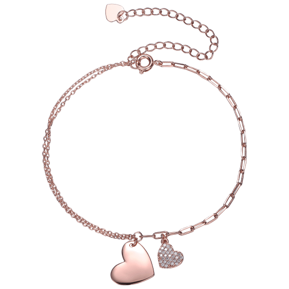 Megan Walford 9.25" Heart Charms Anklet in 18K Rose Gold Plated with CZ Stones