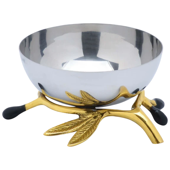 Cheer Collection Polished Stainless Steel Decorative Bowl on Gold Olive Branch