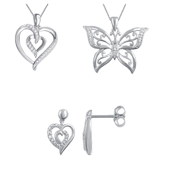 Diamond Muse 3-Piece Butterfly And Heart Necklace With Heart Earrings Set