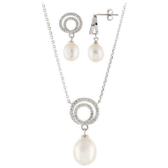 Splendid Pearls Sterling Silver Halo Pearl Pendant Necklace & Earring Set