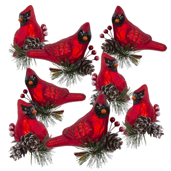 8-Pack: Satin Glass Cardinal Clips With Pine Sprig By Valerie Parr