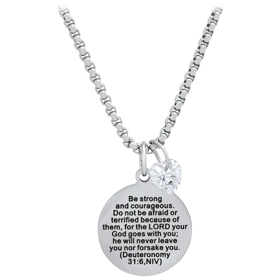 HMY Biblical Verse: Deuteronomy 31:6 Pendant Adorned with Heart Shaped Charm
