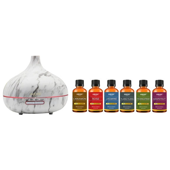Amore Paris White Marble Ultrasonic Essential Oil Diffuser with Essential Oils