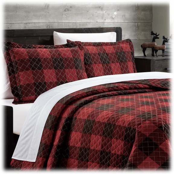 Spirit Linen Home Plaid 3-Piece Plaid Holiday Stitched Oversize Quilt Set