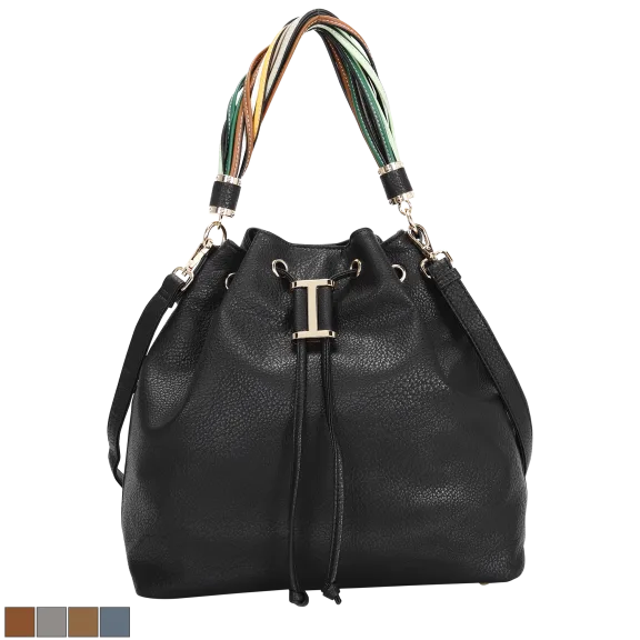 La Terre Vegan Leather Drawstring Bucket Hobo with Multicolor Strap