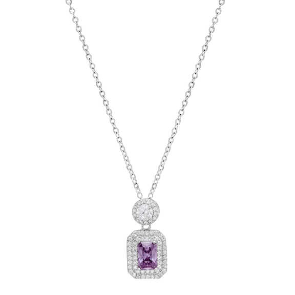 Saffron 1.0ct Violet Emerald Cut Diamond Halo Pendant Sterling Silver Necklace