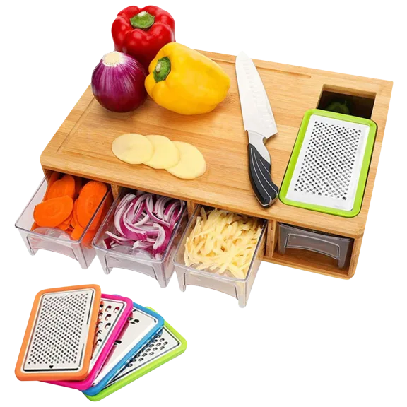 Cheer Collection Bamboo Cutting Board With Grater, 4 Containers