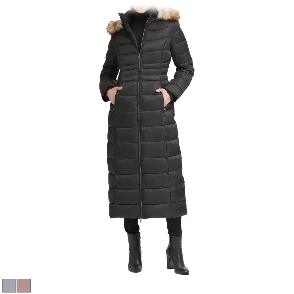 Kenneth Cole Faux Fur Trim Hooded Down Puffer Maxi Coat