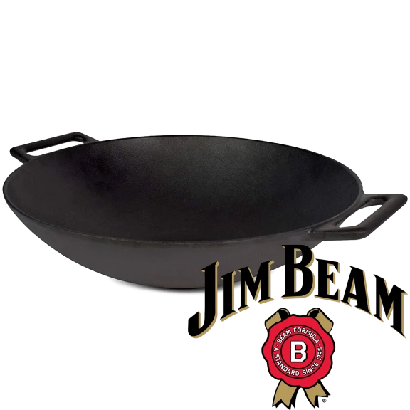 Jim Beam 12'' Pre Seasoned Heavy Duty Construction Cast Iron Grilling Wok